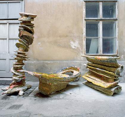 Series of Franz West sculptures featuring stacked items covered in papier mache