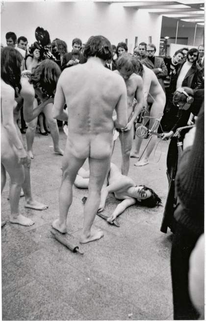 Balthasar Burkhard Otto Muehl Herbert Stumpfl Romilla Doll and Mica Most performing the Manopsychotic Ballet action at the Kolnischer Kunstverein 1970 three