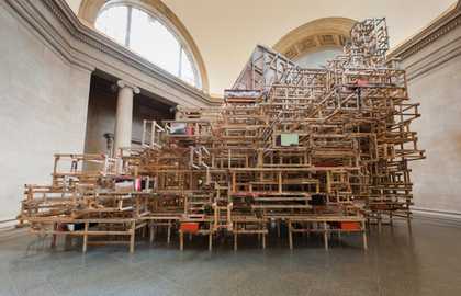 Back view of Phyllida Barlow untitled: dock: emptystaircasehoarding 2014