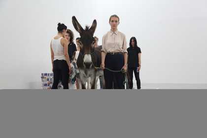 ​Anne Imhof, Aqua Leo, 1st of at least two, 2013 Portikus, Frankfurt am Main From left: Neila Bin Mohahmed Hadj Yahia, Erika Landström, Carolina Cortese, Eva Kruijssen, Olga Pedan, Anne Imhof Photography: Nadine Fraczkowski​