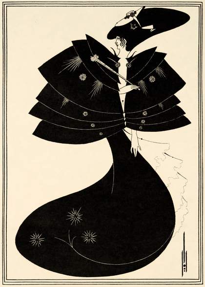 illustration in art deco style of a woman in a long black cape