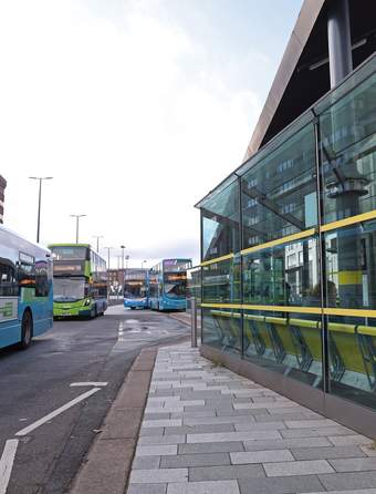 A photograph of buses leaving Liverpool One bus station