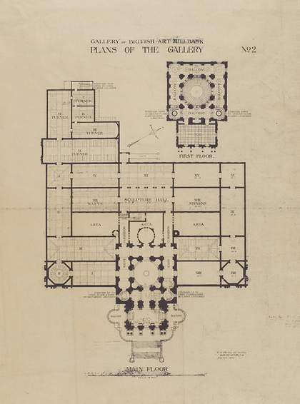 Document that shows the floor plan for the Turner wing of the gallery build in 1908.