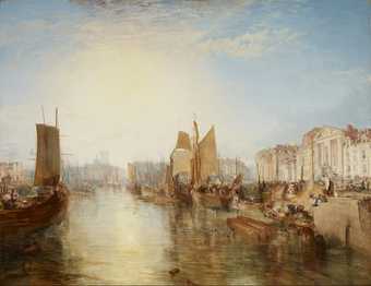 Painting of a view looking down a harbour wall with wooden sailing boats and buildings on the right. The scene become hazier in the distance. A bright sun fills much of the sky and is reflected in the water.
