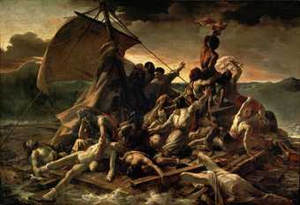 Painting in mostly browns and greys, of a raft riding on a wave, a mass of bodies scrambling towards the top end, where one figure signals in a plea for help. The figures are naked or dressed in rags, and a makeshift sail occupies the upper left.