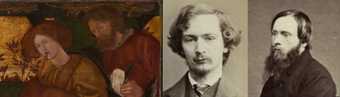 Fig.10 Detail (left) of the shepherds in the central canvas, first version of Edward Burne-Jones’s The Annunciation and the Adoration of the Magi 1861, with photographs of Algernon Swinburne (middle) and Burne-Jones (right) (both photographs National Port
