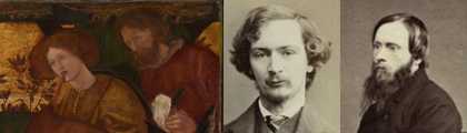 Fig.10 Detail (left) of the shepherds in the central canvas, first version of Edward Burne-Jones’s The Annunciation and the Adoration of the Magi 1861, with photographs of Algernon Swinburne (middle) and Burne-Jones (right) (both photographs National Port