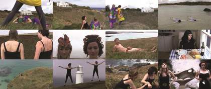 multiple photographs are assembled including people walking, dancing and lying down in fields