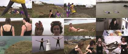 multiple photographs are assembled including people walking, dancing and lying down in fields