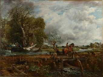 Painting of a river scene, with a rider jumping a brown horse on the near bank. A barge with figures appears on the left, with trees behind; on the right, the river runs into the distance.