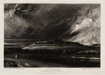 A black and white print of a dark landscape with a hill in the centre on which sit the jagged shapes of ruined walls and buildings, with a stormy sky of swirling clouds and rain above and a figure walking in the left foreground.