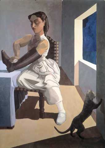 A figurative painting by Paula Rego of a woman polishing a large black boot with a cat in the far right corner