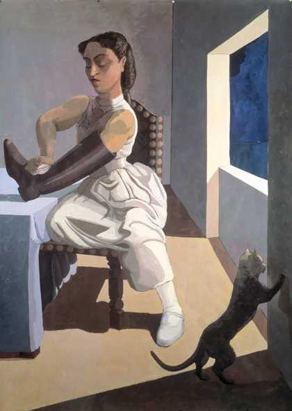 A figurative painting by Paula Rego of a woman polishing a large black boot with a cat in the far right corner
