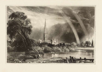 A black and white print showing a water meadow, with large trees on the left, a figure in the centre-left foreground, and a cathedral in the distance framed by clouds and a large double rainbow.