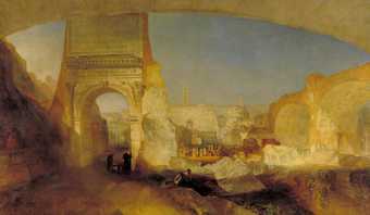 Painting of a view from under a stone bridge of the Forum in Rome bathed in golden sunlight. An archway stands within a rock, with an inscription above, the first, larger word of which is SENATUS. Figures mingle amid chunks of ruined marble in the centr