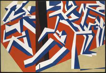 Abstract painting in which figures made of white and blue shapes crowd around a central pole. The pole sits in a red rectangle implying a finite space, the outside of which is painted beige.