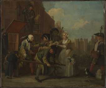 Detail from IV The Arrest - townscape, a man in grand dress is carried in a cart by another man - a man and woman reach out to the gentleman