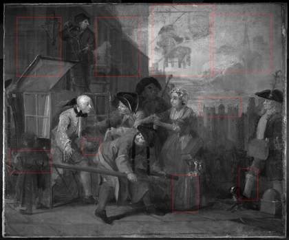 The same detail in black and white with details indicated by red boxes