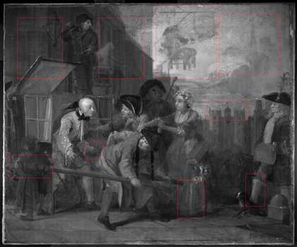The same detail in black and white with details indicated by red boxes
