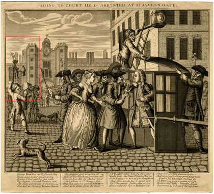 Illustration highlighting a detail of a figure holding up an effigy - a small figure held in the air on a stick