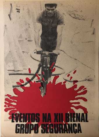 Poster featuring someone using a pneumatic drill pushing into a graphic red splat, with black text reading: Eventos na XII Bienal Grupo Seguranca