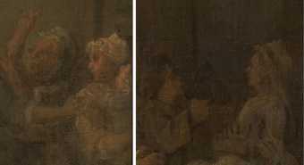 Two details of dark shadowy background figures