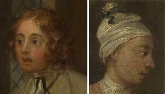 Two details of young faces, both looking to the side