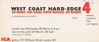 Invitation to the private view of West Coast Hard-Edge: Four Abstract Classicists, Institute of Contemporary Arts, London, 1960