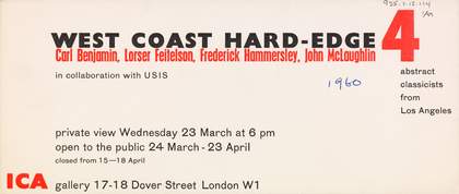 Invitation to the private view of West Coast Hard-Edge: Four Abstract Classicists, Institute of Contemporary Arts, London, 1960
