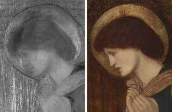 Fig.15 Infrared reflectogram detail (left) and detail (right) of the Virgin’s head, first version of Edward Burne-Jones’s The Annunciation and the Adoration of the Magi 1861, right canvas IRR Image © Silvia Amato and Aviva Burnstock