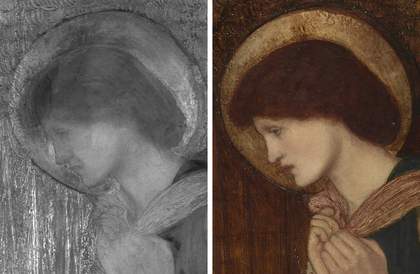 Fig.15 Infrared reflectogram detail (left) and detail (right) of the Virgin’s head, first version of Edward Burne-Jones’s The Annunciation and the Adoration of the Magi 1861, right canvas IRR Image © Silvia Amato and Aviva Burnstock