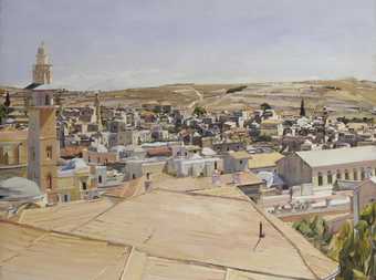 A detailed, light-coloured painting of a city with steeples and rooftops of different shapes sizes and colours. In the foreground are fields and in the distance hills.