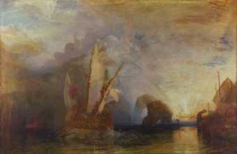 Painting of a ship with oars leaving a bay with standing rocks. Golden light comes from a setting sun on the right of the painting, while much of the rest is in bluish shadow. The head of the cyclops is just visible in the distance above the ship.
