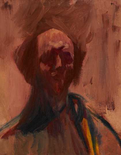 A painting of the head and shoulders of a figure with a balding head rendered by thick brush strokes in red-brown paint. The recesses of the eyes are solid areas of dark brown and the figure’s shirt is articulated by blue strokes with yellow highlights.