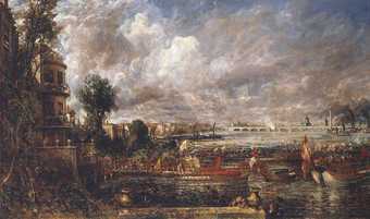 Painting of a scene on the river Thames on a bright day, with boats carrying red and white flags. Figures are lined up beneath a building on the left hand side of the painting.