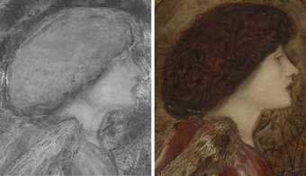 Fig.17 IRR detail (left) and detail (right) of Gabriel’s head, first version of Edward Burne-Jones’s The Annunciation and the Adoration of the Magi 1861, left canvas IRR image © Silvia Amato and Aviva Burnstock