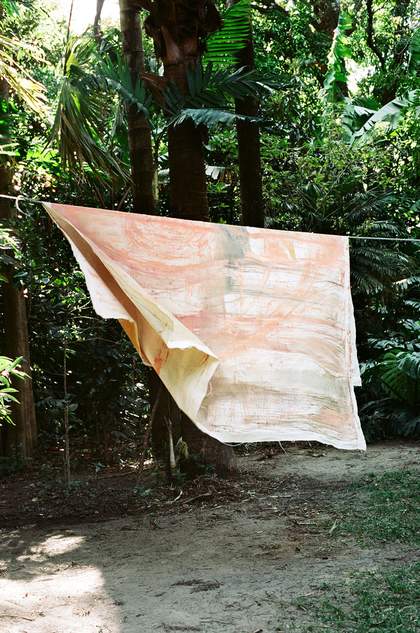 Photograph of Storage and working spaces in the two studios that Vivian Suter has built in the Guatemalan rainforest
