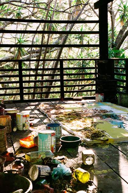 Photograph of storage and working spaces in the two studios that Suter has built in the Guatemalan rainforest