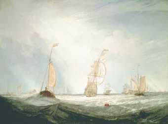 A light coloured painting of wooden sailboats at sea. The sea is dark in the foreground but in the distance matches the brightness of the sky. A red buoy appears in the water just to the right of centre. 