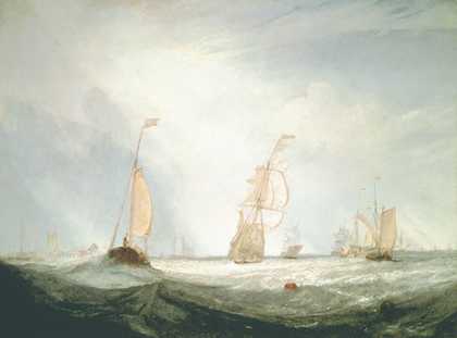 A light coloured painting of wooden sailboats at sea. The sea is dark in the foreground but in the distance matches the brightness of the sky. A red buoy appears in the water just to the right of centre.