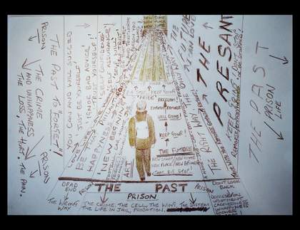 a drawing of a man walking down a corridor with words written across the walls