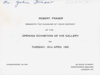 Invitation to the opening of the Robert Fraser Gallery on 10 April 1962
