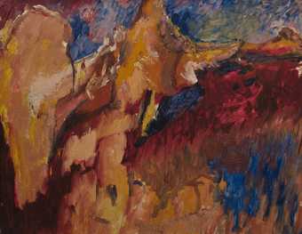An apparently abstract painting with areas of earth tones reminiscent of rocky hills, as well as areas of bright red and blue in thick, energetic brushstrokes.
