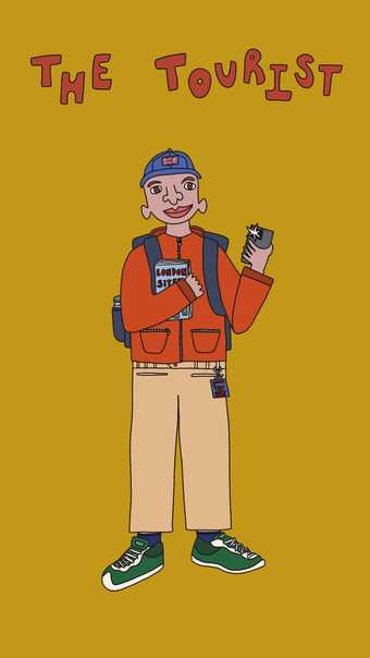 a digital drawing of a person taking a photo on their phone with the words 'the tourist' above them