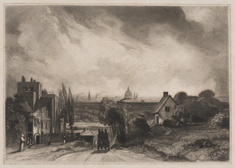 A black and white print of a street scene, with a road in the centre, buildings either side of it, trees and bushes on the right and a domed building and church spires in the distance.