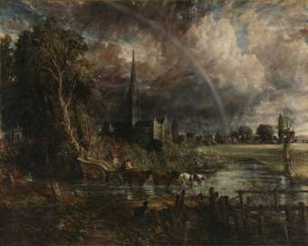 A dark painting of a cathedral with a stream and trees in the foreground and a rainbow arcing over the building.