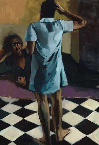 Painting of two figures in an interior space