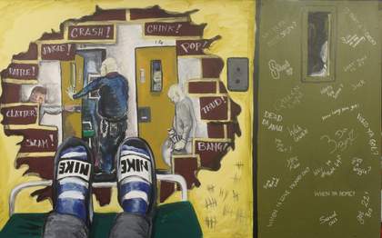 A drawing of a man in a cell, with his feet resting on a broken wall