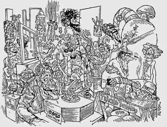 Black line-drawn cartoon depicting a chaotic scene of people interacting with artworks e.g. licking an object on a plinth, standing under a shower, being captured by a huge tentacle, looking through an empty picture frame