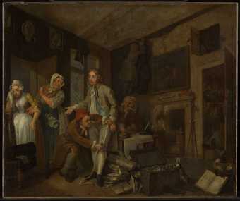 Dark predominantly brown painting, figures in a room in conversation, one being measured by a tailor
